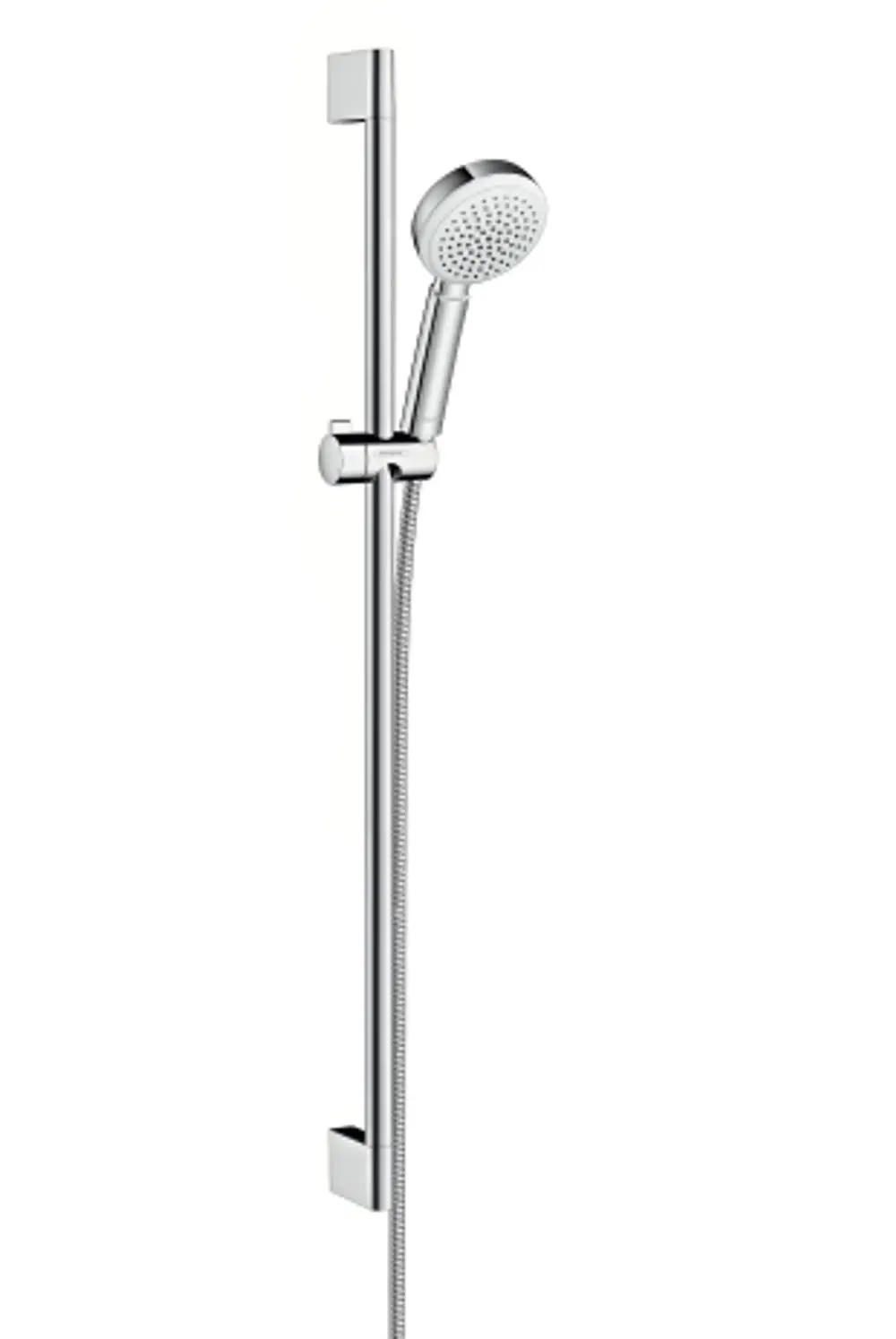 Hochdruck-Duschsystem von Hansgrohe mit verstellbarer Brausestange und Handbrause, die an der Stange befestigt ist. Chromoberfläche mit einer klaren, minimalistischen Form.